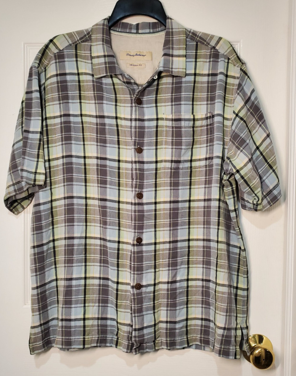 Tommy Bahama Silk Shirt Mens Large Plaid Camp Button Short Sleeve Casual